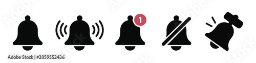 Konstfotografi Black notification bell set including ringing alert message badge and silent mode icons for designs