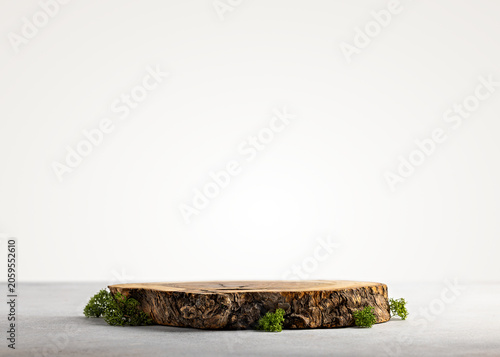 Fotografija Low natural wood slice podium with small green moss on white background and larg