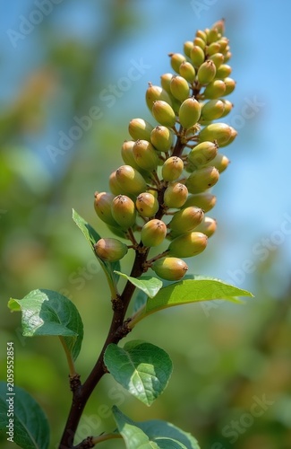 Branch with green chaste tree berries and leaves. Vitex agnus castus plant grows outdoors. Blue sky and blurred green foliage background. Nature detail shot.