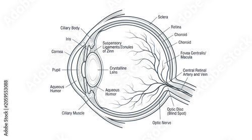 Human eye anatomy cross section diagram with detailed labels