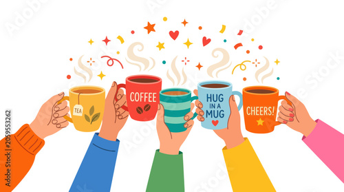 Diverse hands holding colorful coffee and tea mugs for a toast
