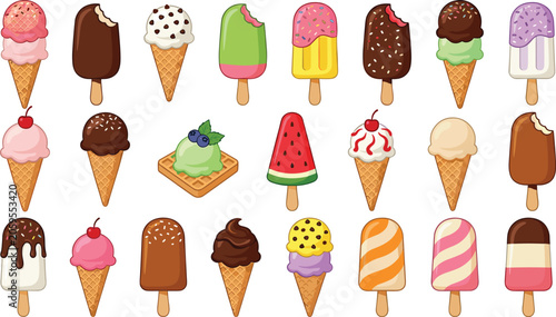 Billede på lærred Ice cream vector set featuring waffle cones chocolate bars bitten popsicles wat