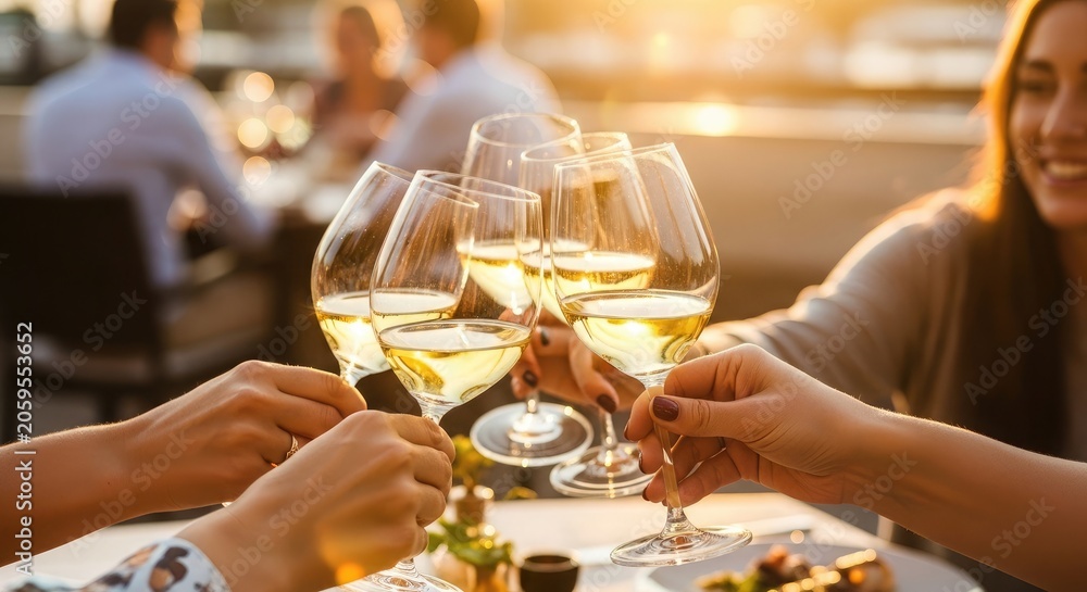 Fototapeta premium Celebratory summer drinks friends toasting with white wine at outdoor restaurant during golden hour