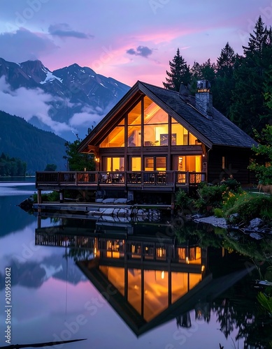 Cozy wooden cabin reflecting in calm lake water, mountain backdrop