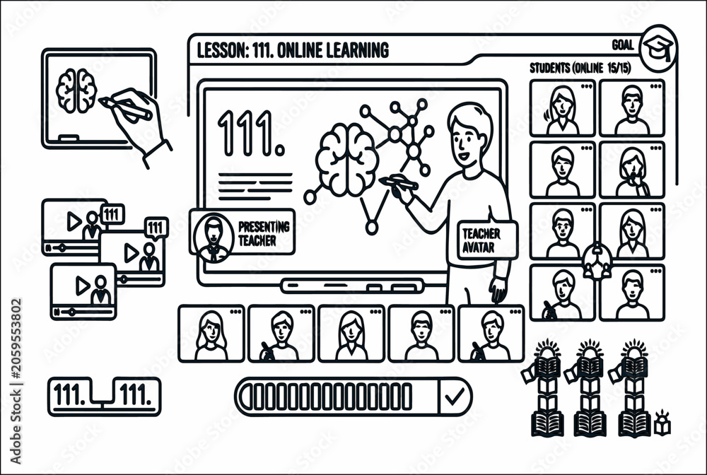 Naklejka premium Virtual classroom with teacher presenting lesson on computer screen,