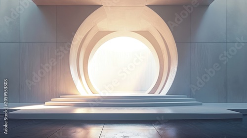 Modern entrance featuring an oval doorway and a three-step platform.