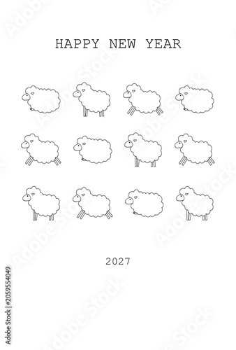 シンプルな線画、複数の羊のイラストの年賀状テンプレート