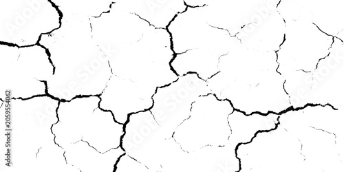 Cracked earth texture grunge background with deep black lines on white dry soil