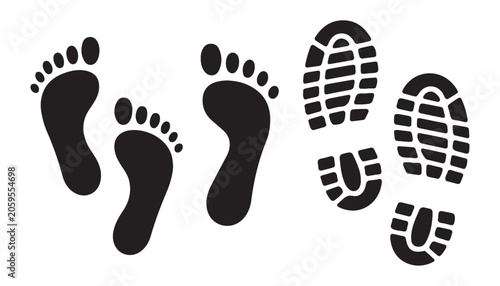 Various human footprints and sneaker sole textures set isolated on transparent background for graphics.