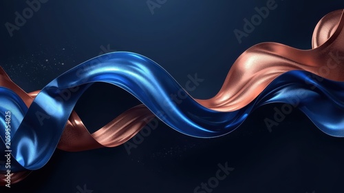 Abstract flowing blue and bronze silk fabric waves on a dark background