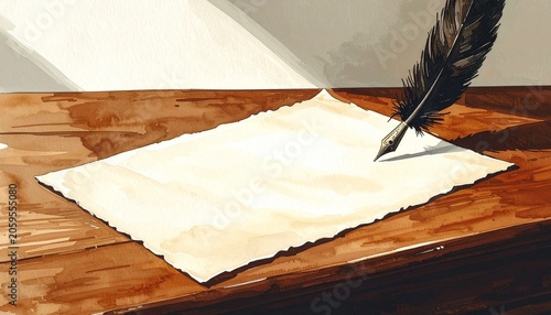 Black feather quill resting on blank antique parchment paper with parchment calligraphy document traditional creative