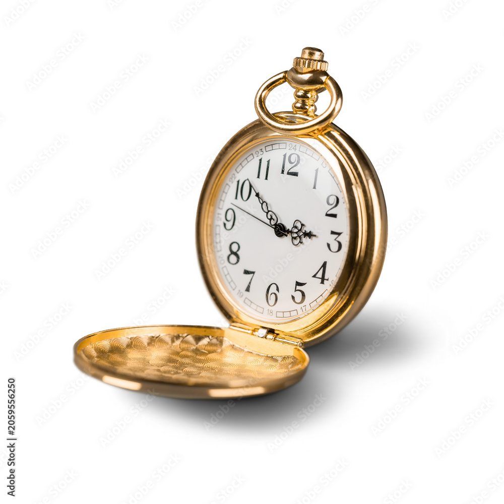 Fototapeta premium Open Vintage Gold Pocket Watch Timepiece Isolated