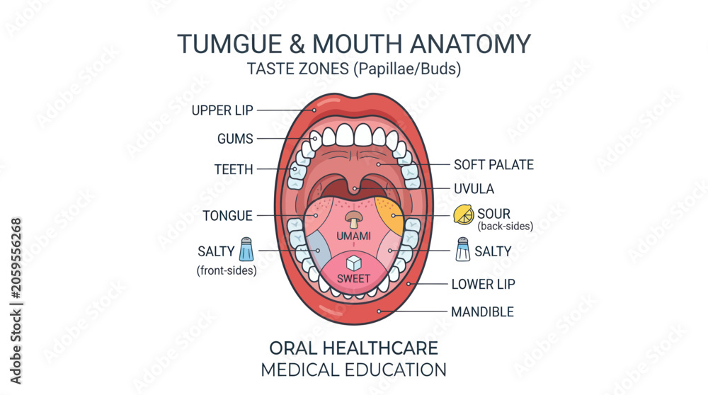 Fototapeta premium Human mouth and tongue anatomy with taste bud zones diagram
