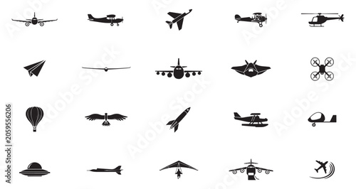 Φωτογραφία Diverse aircraft and aviation transport symbols for flight enthusiasts and designers set