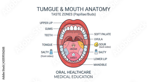 Human mouth and tongue anatomy with taste bud zones diagram