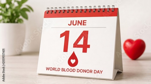 Calendar page for June 14 featuring World Blood Donor Day symbol  
