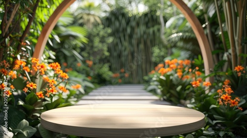 Round wooden table sits in a vibrant tropical garden setting with orange flowers and lush greenery