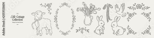 Foto Vintage cottagecore cross stitch animal collection, whimsy floral frames