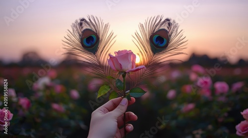 A hand holding a pink rose with two peacock feathers at a sunset in a garden