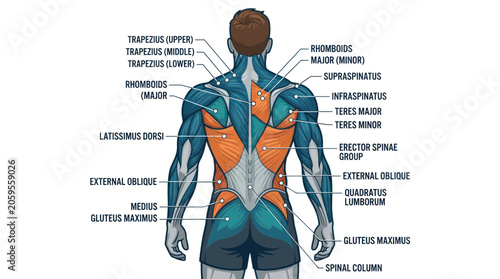 Obraz na plátne Human back muscle anatomy diagram with scientific labels