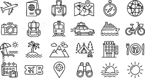 Foto Collection of office supply and business workspace thin line icons, desk tools a