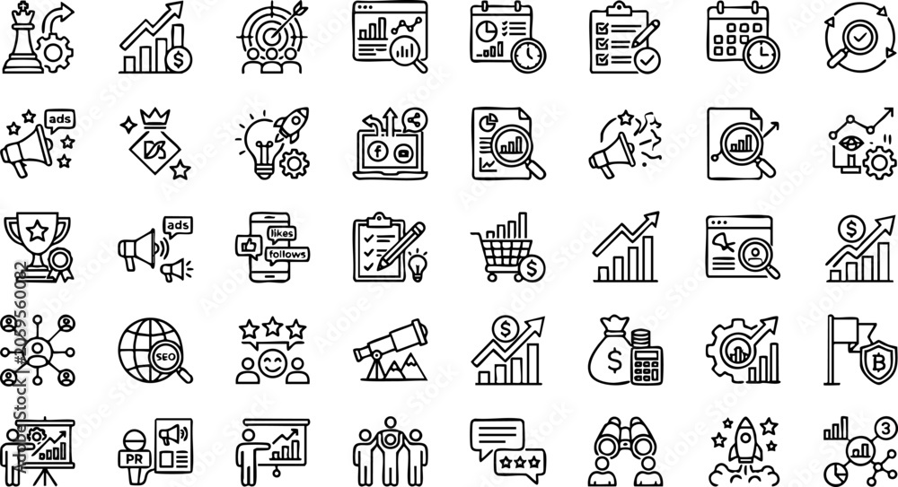 Naklejka premium Comprehensive collection of universal thin line web icons set with interface business technology collection communication