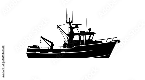 Commercial Fishing Trawler Boat Silhouette Vector Illustration for Marine Industry and Ocean Fishing Concepts