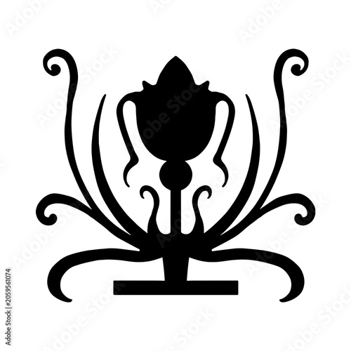 A bold black silhouette illustration featuring a stylized floral emblem with symmetrical, curling tendrils and a central bud‑like form