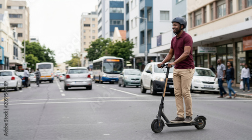 Smiling man riding electric scooter in city traffic. Black male commuter with helmet on urban street. Sustainable eco-friendly transportation concept