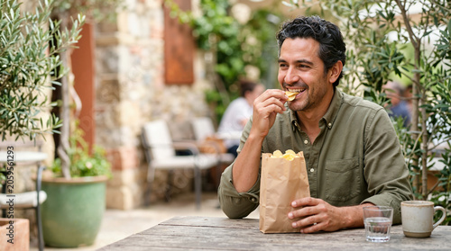 Smiling man eating potato chips from paper bag at outdoor cafe. Male having a snack at rustic wooden table on patio. Casual leisure lifestyle concept