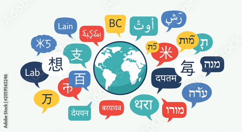 Canvas-taulu A globe surrounded by multicolored speech bubbles with foreign characters