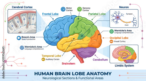 Quadro su tela Human brain anatomy infographic with lobe functions and sections