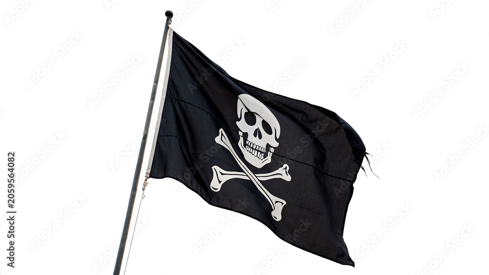 Naklejka premium Classic black pirate flag with white skull crossbones isolated on transparent background cut out