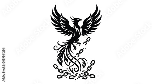 Mythical phoenix rising from broken chains, symbolizing freedom and rebirth.