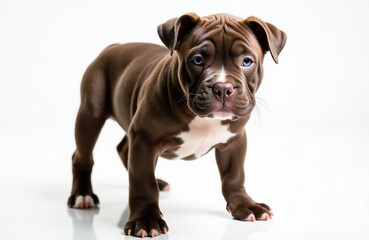 Brown American bully puppy with blue eyes stands on white studio background. Young dog looks directly into camera. Domestic pet is clean and healthy. Puppy has a muscular build and short coat.