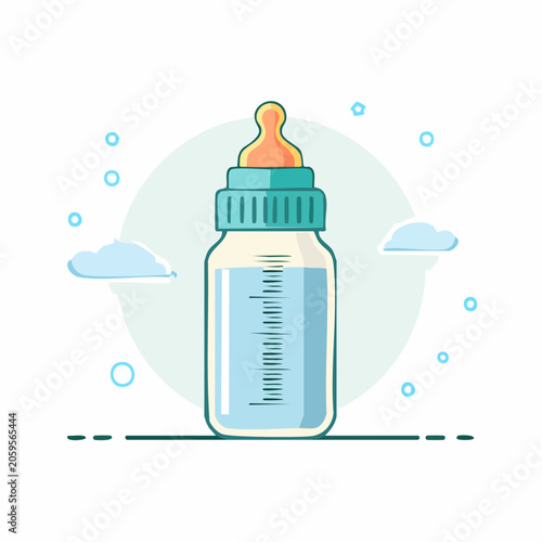 Baby bottle with blue liquid and clouds illustration