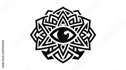Mysterious eye within intricate geometric mandala pattern, symbolizing perception and insight.