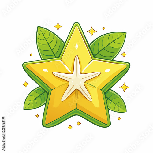 Cartoon Star Fruit with Leaves and Sparkles