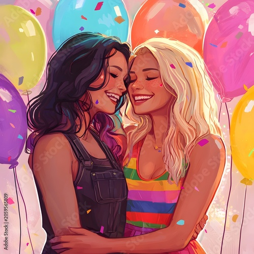 Two women embracing, celebrating Pride Day