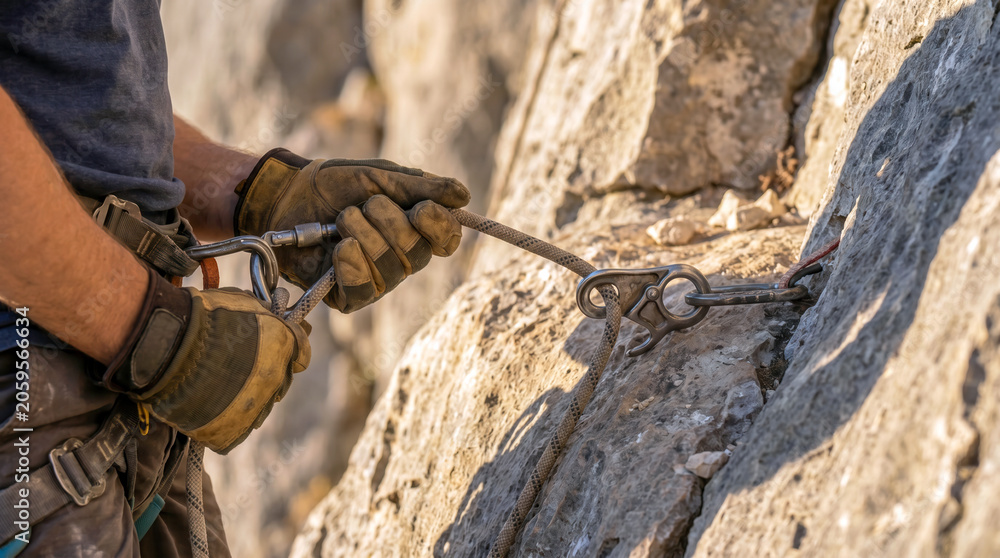Obraz premium Rappelling descent on a rocky mountain cliff side