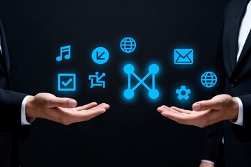 Businessmen with glowing digital icons on dark background