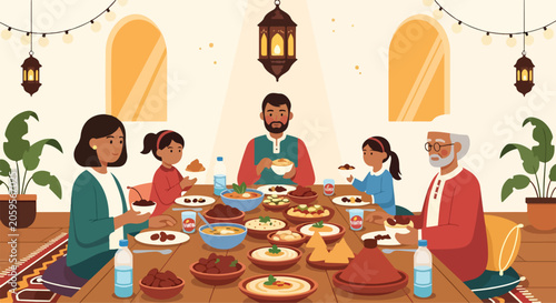 A family shares a meal together