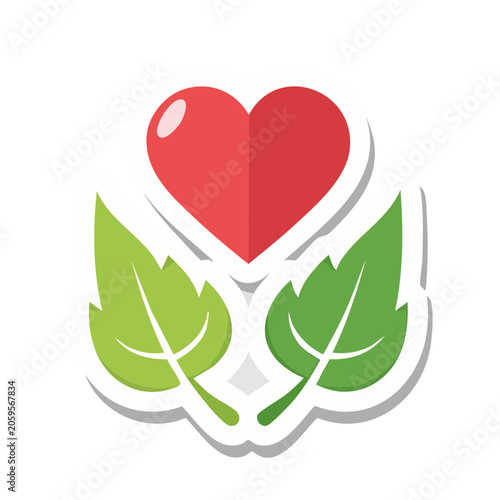 Red heart with green leaves icon on transparent background