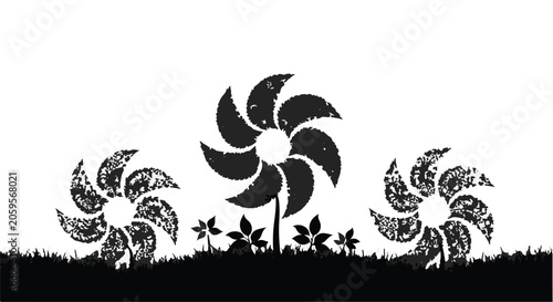 Whimsical pinwheels bloom in a stylized garden under a bright sky