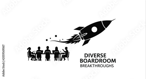 Diverse team in meeting launches innovative idea symbolized by a rocket.