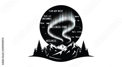 Mystical northern lights illuminate a serene mountain landscape with wellness concepts.