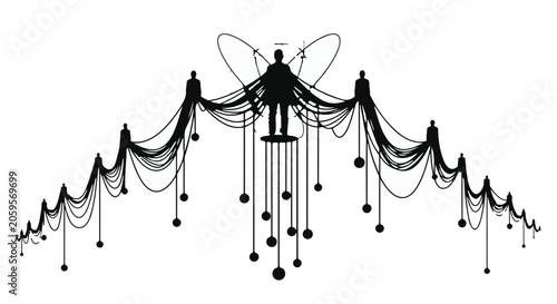 Abstract silhouette of a figure connected by strings, suggesting control or influence.