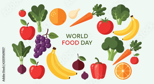 Colorful illustration of fruits and vegetables for World Food Day