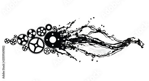 Intricate gears transforming into flowing liquid abstract design