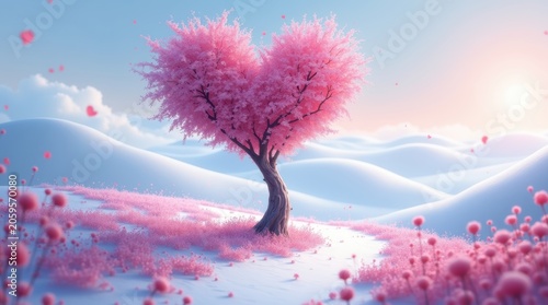 Beautiful pink heart shaped tree in a dreamy landscape with soft pastel light colors